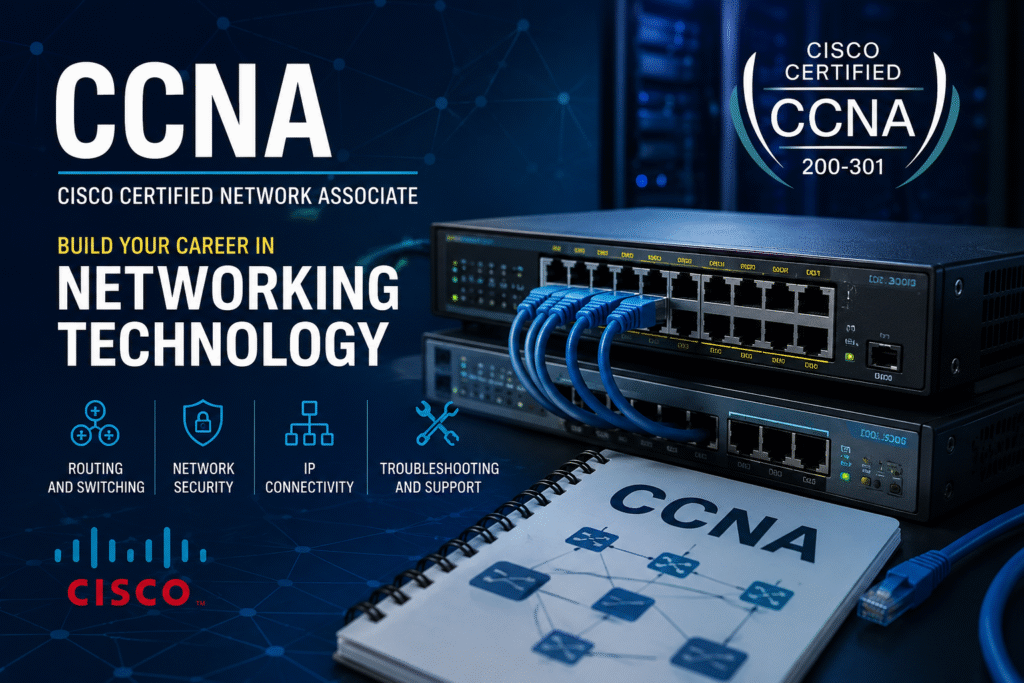 CCNA networking course training banner with Cisco networking devices and certification preparation
